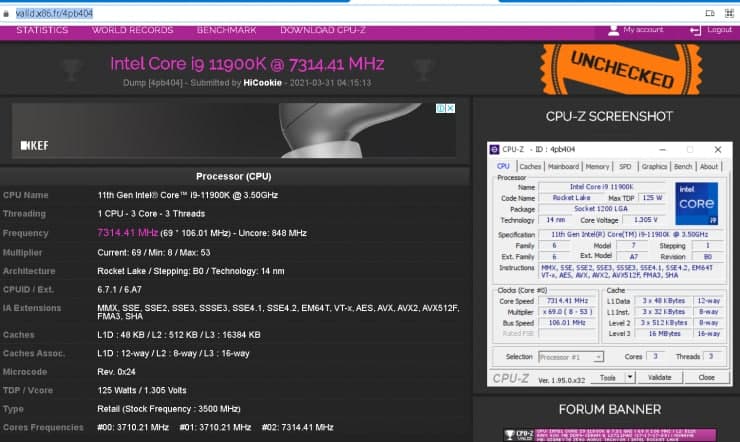 技嘉Z590 AORUS TACHYON上的Intel Core i9-11900K超频到7.